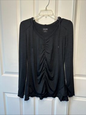Calvin Klein Black Ruched Drawstring V-Neck Long Sleeve lightweight hoodie